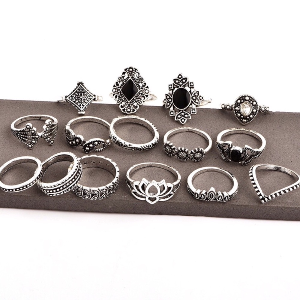 15 Pcs Boho Retro Vintage Crystal Gem Ring Set - Picture 3 of 16